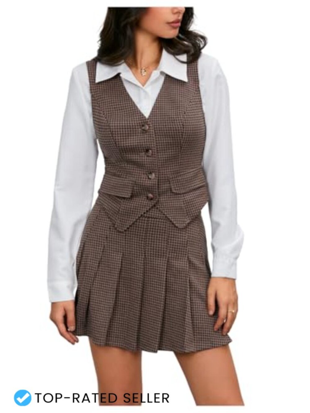 Plaid 2 Piece Skirt Set Vest Top Pleated Mini Work Business Outfit